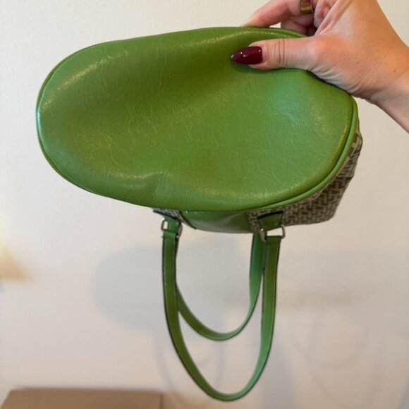 Vintage Tommy Hilfiger Y2K Monogrammed Jacquard Leather Trim Green Tote Bag - Picture 4 of 7